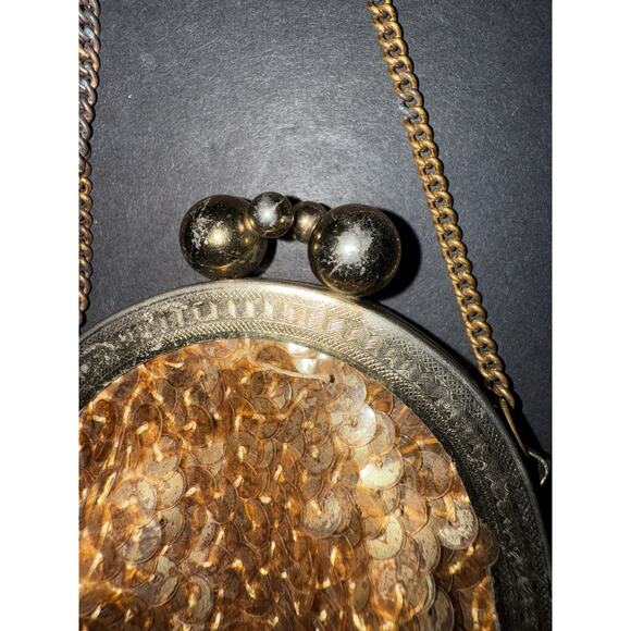 Vtg Dome Top Gold Sequin Evening Bag Lined Purse Handbag Kiss Clasp Cocktail - Picture 3 of 8